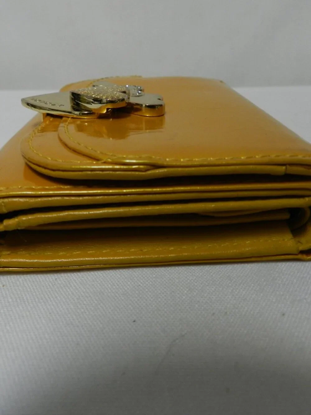 LovCat Heart embossed patent Genuine Leather yellow small tri-fold wallet